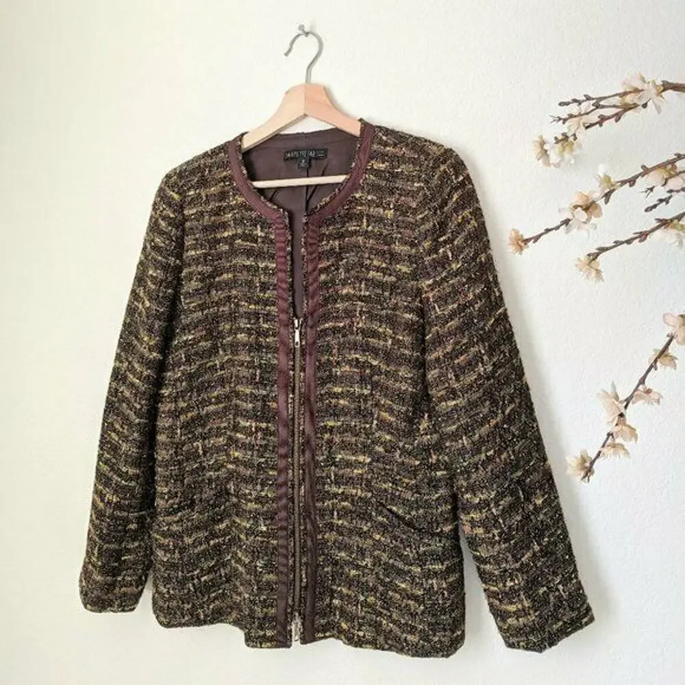 LAFAYETTE 148 NY Blazer Coat‎ Tweed Zip Up Blazer Jacket Brown Trim Women's 10